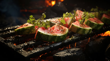Watermelon on a skewer is fried on a fire.の素材