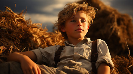 Child lying on a haystack in the field.の素材