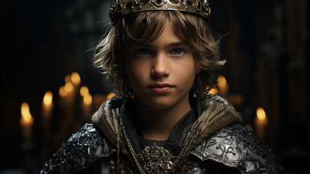Boy in a crown over gothic black background.の素材