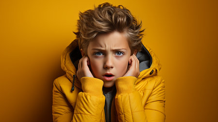 Angry unhappy irritated boy covering ears.の素材