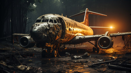 Airplane crash accident with destroyed burning plane.の素材