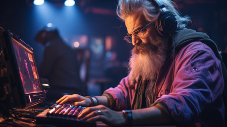 Elderly man playing video game.の素材