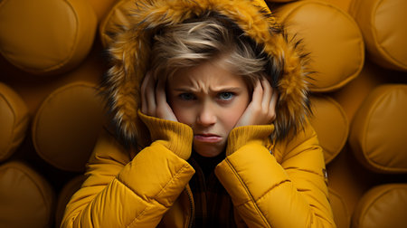 Angry unhappy irritated boy covering ears.の素材