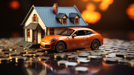Stack of coins and car model. businessの素材