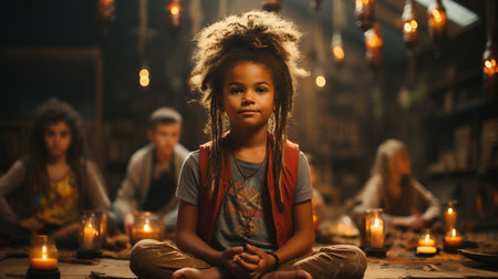 Young african girl practices yoga.の素材