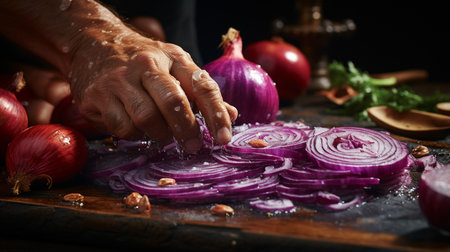 Cook slicing an onion into slices.の素材