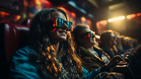 Group of people wearing 3d-glasses watching a movie in cinema.の素材