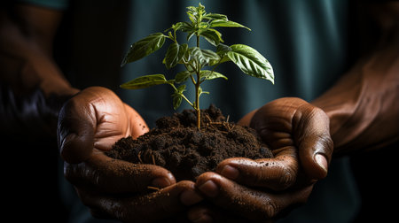 Human hand showing soil with a plant.の素材
