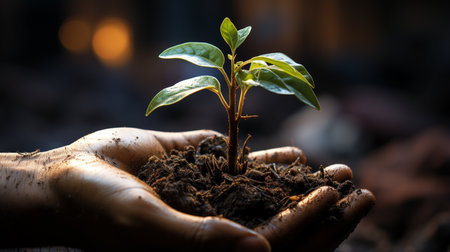 Human hand showing soil with a plant.の素材