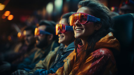 Group of people wearing 3d-glasses watching a movie in cinema.の素材