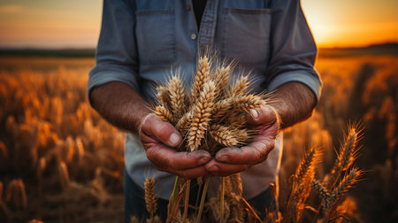 Man showing wheat in the field.の素材