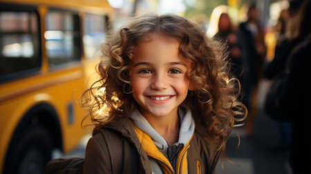 Smiling elementary student girl smiling and ready to board school bus.の素材