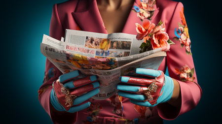 Female hands with newspaper and photo camera.の素材