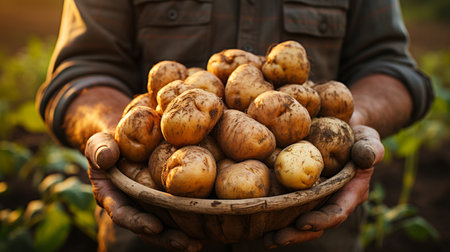 Man showing potato in the field.の素材
