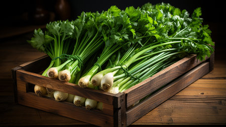 Green spring onions on wooden table.の素材