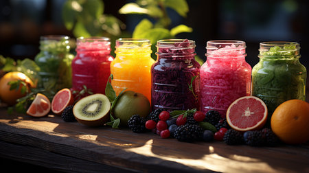 Colorful fresh juices on a wooden desk.の素材