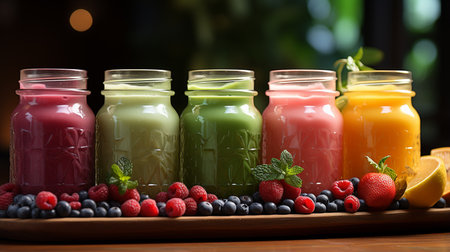 Colorful fresh juices on a wooden desk.の素材