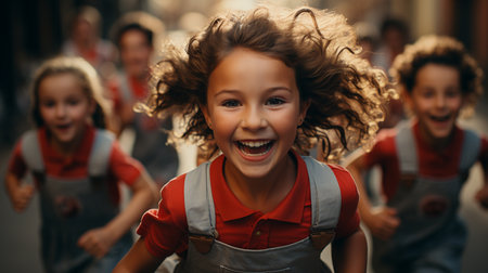 Group of children with joy and energy running.の素材