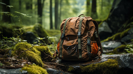 Backpack in the forest.の素材