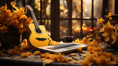 Guitar on the autumn leaves.の素材