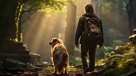 Human and dog walking in the forest.の素材