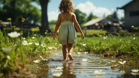 Child walking in water road with grass.の素材