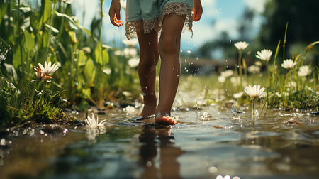 Child walking in water road with grass.の素材