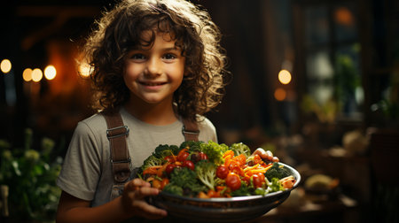 Young child holding salad. healthy foodの素材