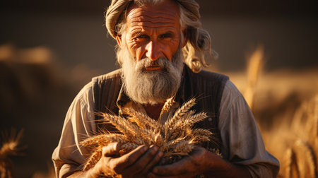 Farmer showing wheat in the field.の素材