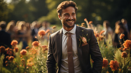 Groom at outdoor wedding.の素材