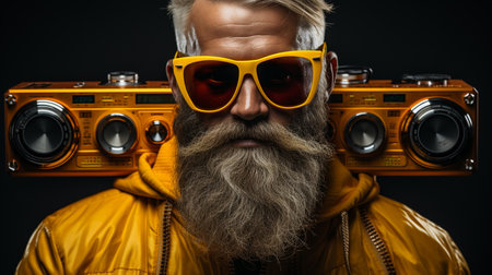 Bearded man with a radio.の素材