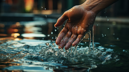 Human hand touching clean water.の素材