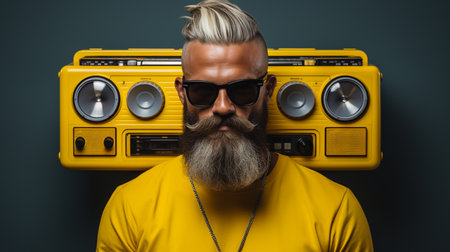 Bearded man with a radio.の素材
