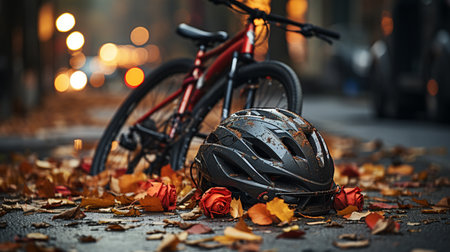 Bicycle helmet and bicycle in asphalt.の素材