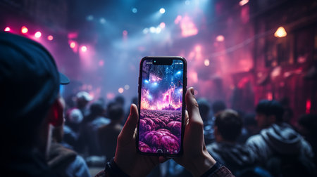 Man with a smartphone taking photos in concert.の素材