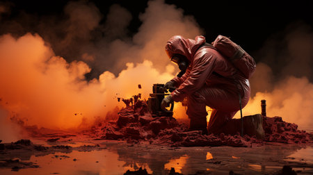 Man in protection outfit working in danger chemical production.の素材