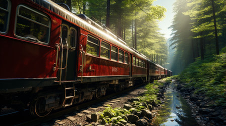 Train moving in forest.の素材