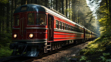 Train moving in forest.の素材