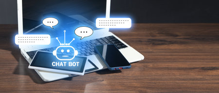 Smartphone, tablet, laptop computer with Chat Bot application for online information. Artificial...