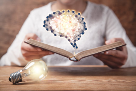 Human showing book with a human brain. Knowledge. Educationの写真素材