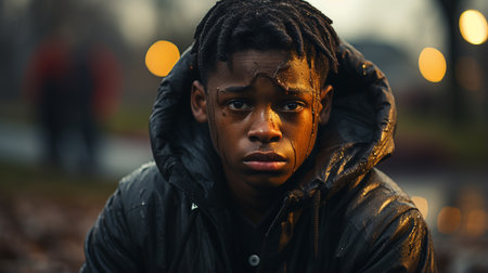 Sad black young boy.の素材