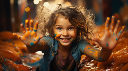 Child girl shows hands with paint.の素材
