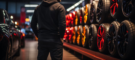 Customer choosing car tires.の素材