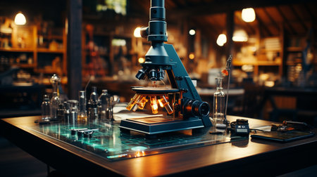 Microscope on the wooden table.の素材