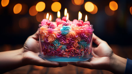 Human hand showing birthday cake with a candles.の素材