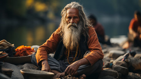 A wise man sitting in outdoor.の素材