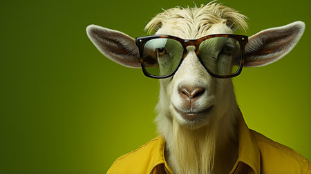 Portrait of goat in eyeglasses on green background.の素材