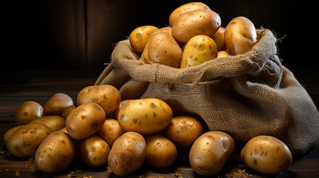Potatoes in a burlap bag on the wooden table.の素材