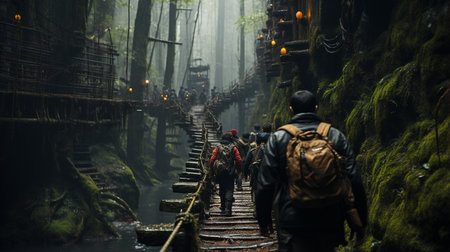 People cross the bridge of forest.の素材