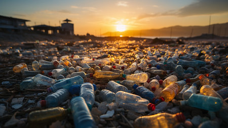 Bottles and garbage at landfill.の素材